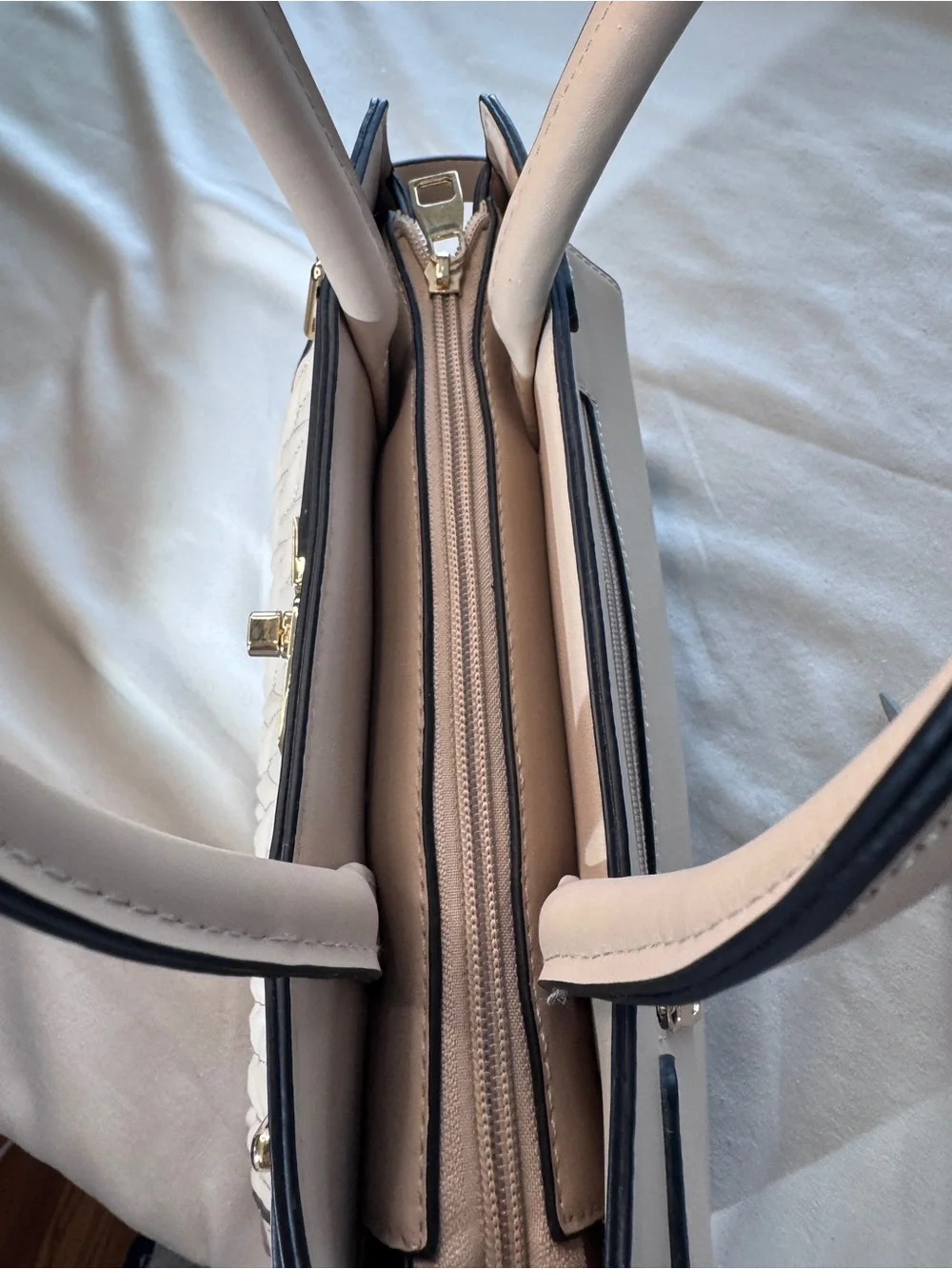 Cream Quilted Satchel with Gold-Tone Accent
